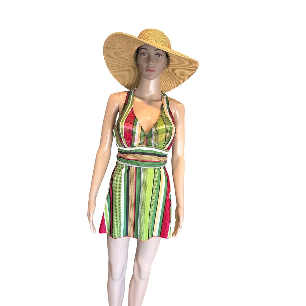 Womens Multi Color Striped Halter Swim Dress One Piece Swimsuit Size L